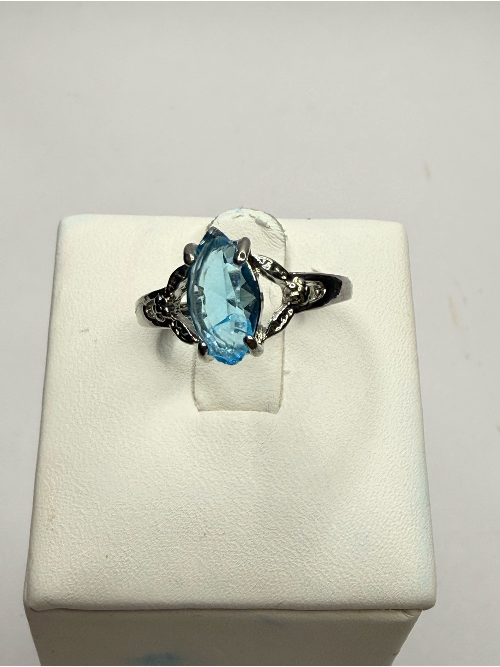 Marquise Blue Crystal Ring in Silver-Tone Band Size 8